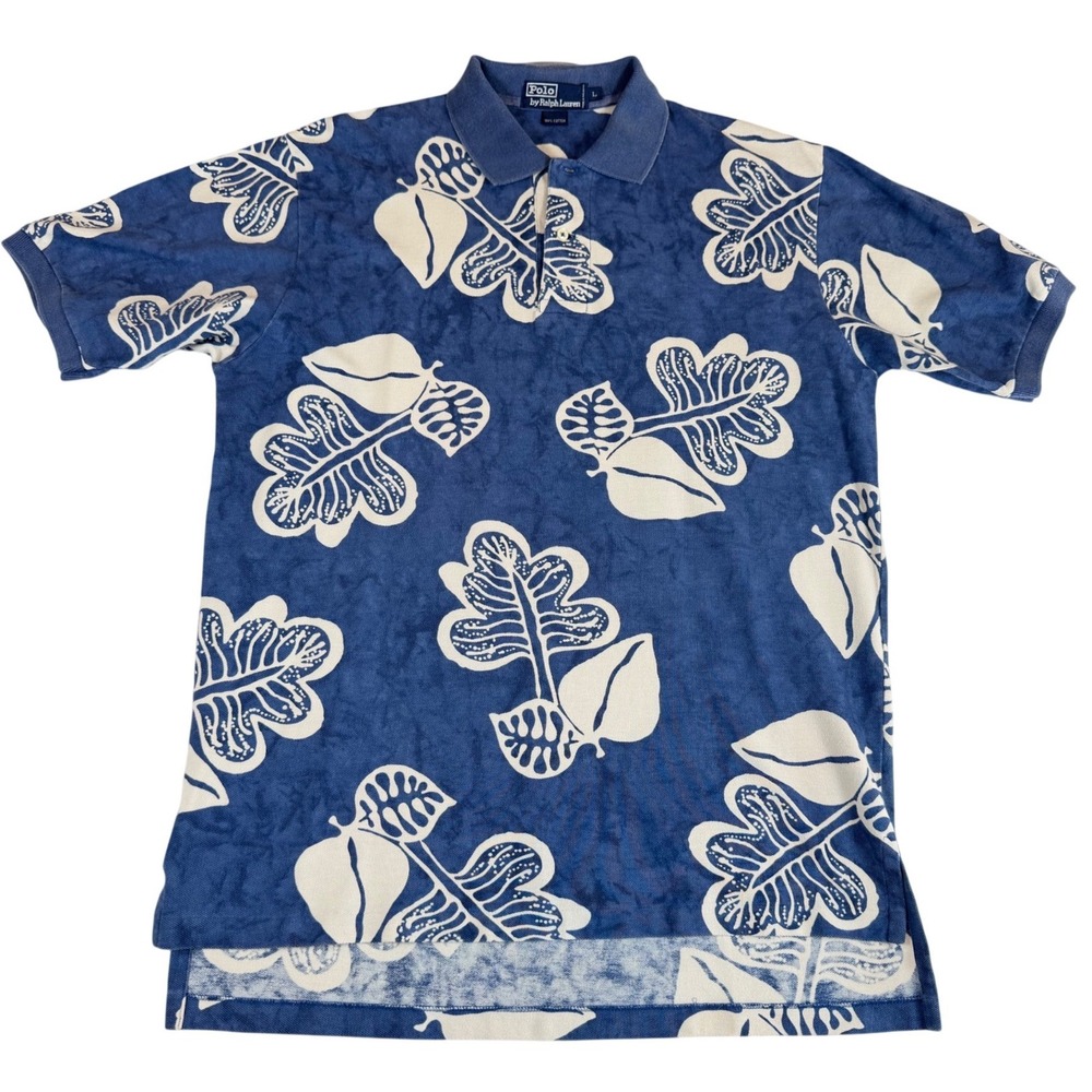 Polo Ralph Lauren Mens Large Blue White Tropical Leaf Print Cotton Polo Shirt